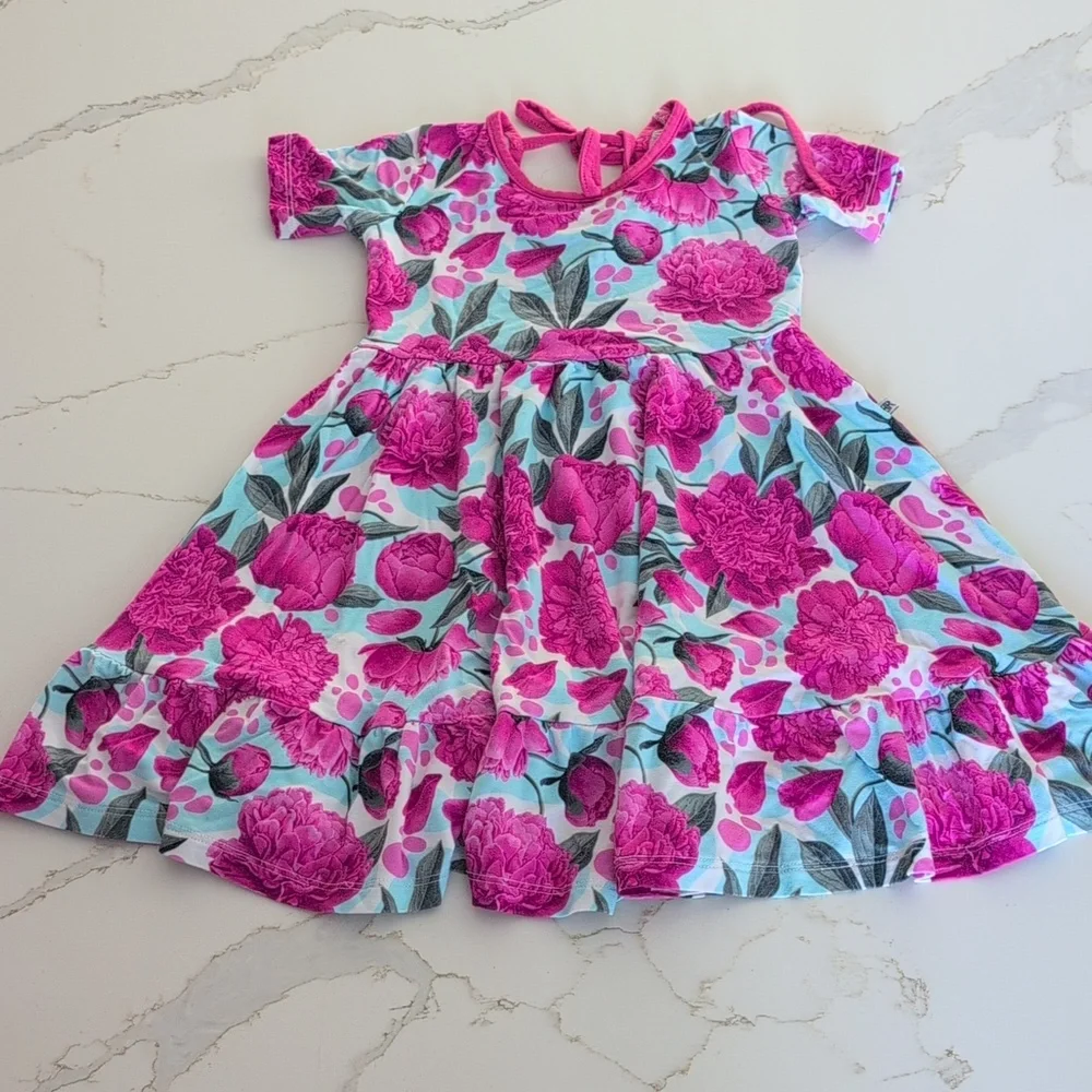 Girls Pink Floral Cold-Shoulder Dress